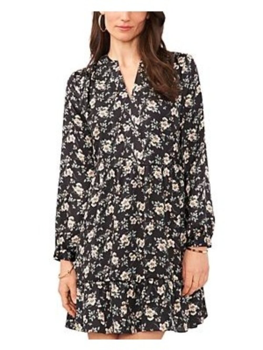 Vince Camuto Womens Floral Long Sleeve V‑Neck Tiered Dress Black Size XS NWT